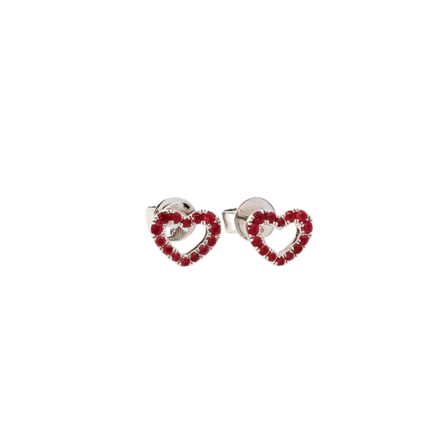 Aretes oro  blanco 18kt con rubís en diseño de corazones