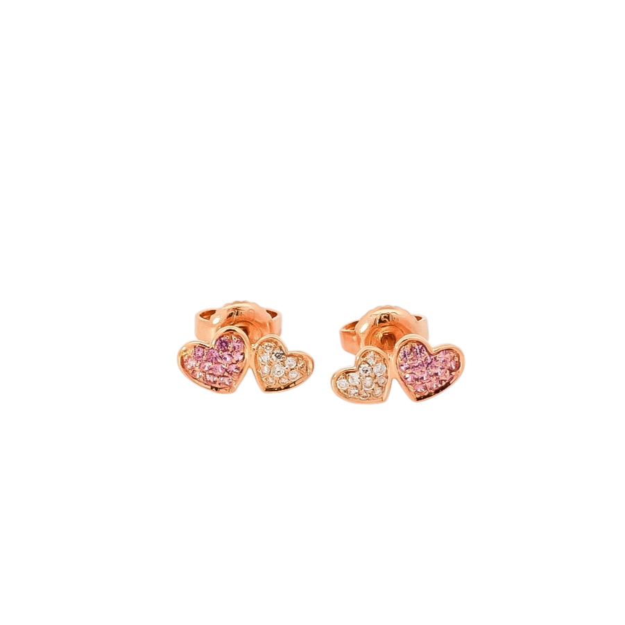 Aretes oro rosa 18kt con diseño de corazones en diamantes y rubis